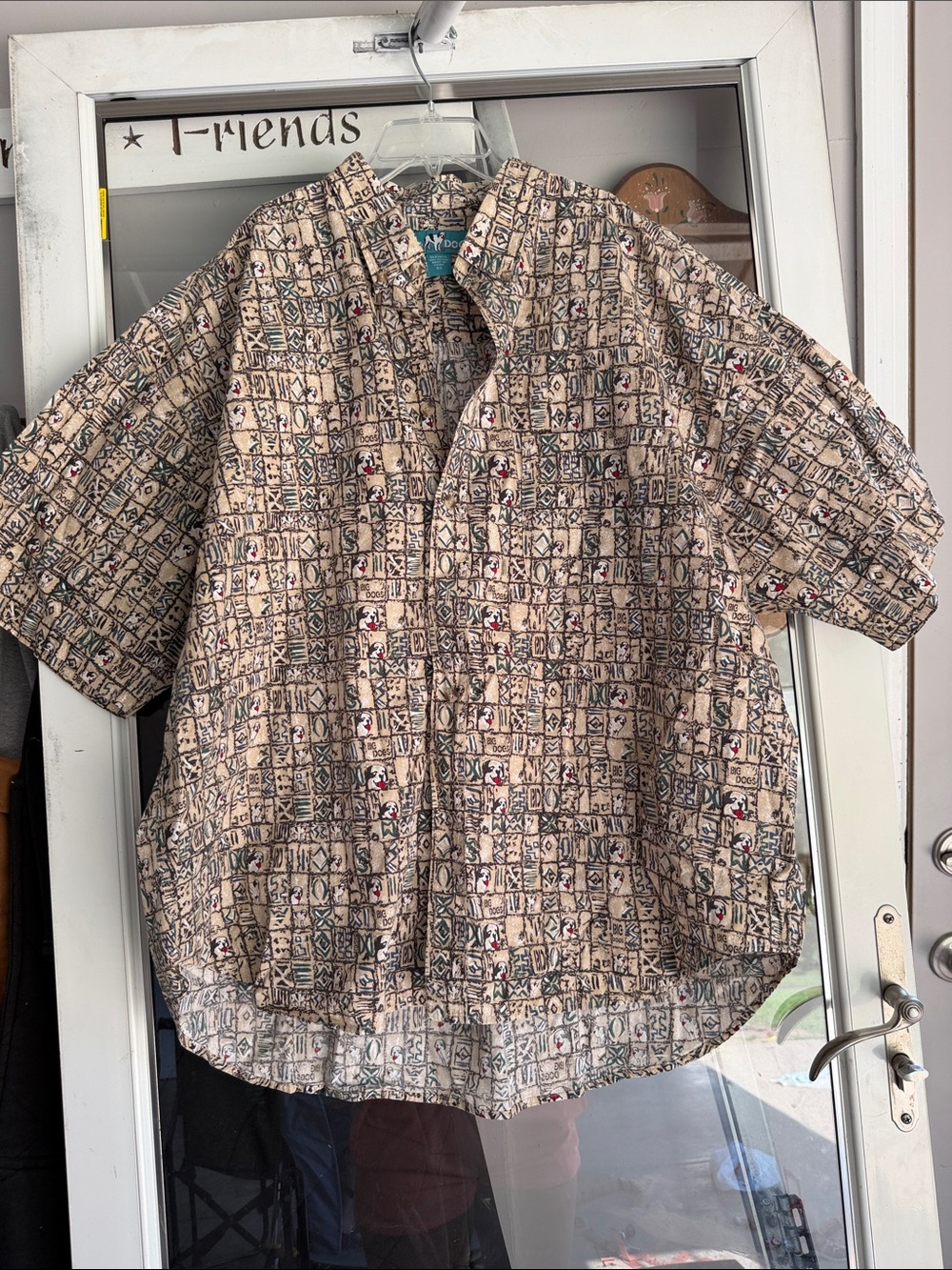 Vintage Big Dogs Teal Logo Button-Front Shirt with Beige Graphic Tile Print